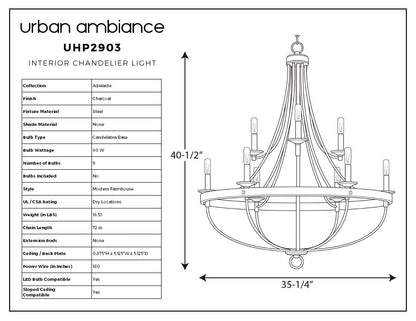 9-Light Steel Pendant Fixture Round Industrial Farmhouse Ceiling Light Charcoal 35-Inch Dining Room Open Cage Chandelier Adjustable Height