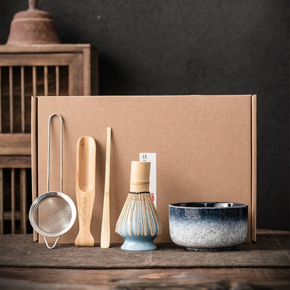 Ceramic Matcha Bowl Kit 12 fl oz with Bamboo Whisk Scoop Holder Sieve Japanese Tea Ceremony Tools Tea Preparation Set for Home Kitchen