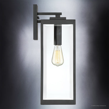 20-Inch Black Steel Exterior Sconce with Beveled Glass Panels for Porch & Entryway | Weather-Resistant Farmhouse Fixture