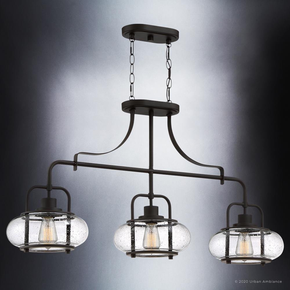 Three-Light Ceiling Fixture Steel & Textured Glass 38 in Wide Adjustable Height Bronze Finish Dining Room Hanging Light for Kitchen Island L