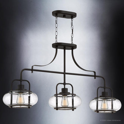 Three-Light Ceiling Fixture Steel & Textured Glass 38 in Wide Adjustable Height Bronze Finish Dining Room Hanging Light for Kitchen Island L