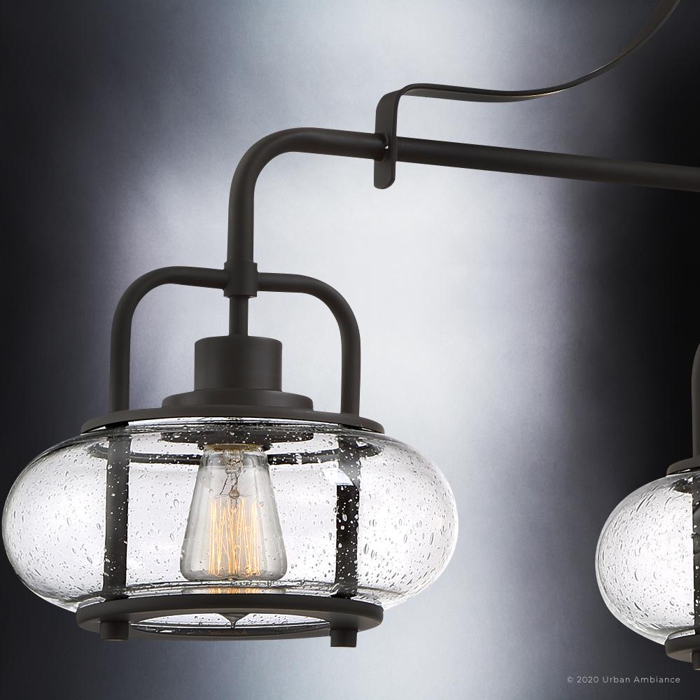 Three-Light Ceiling Fixture Steel & Textured Glass 38 in Wide Adjustable Height Bronze Finish Dining Room Hanging Light for Kitchen Island L