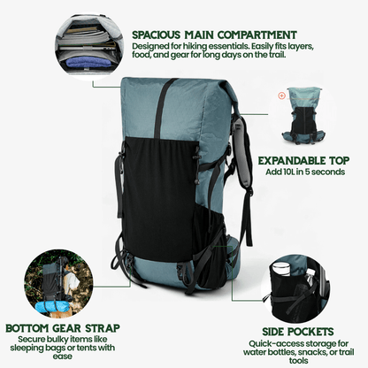 Lightweight 50L Roll-Top Backpack – Expandable Water-Resistant Hiking Bag