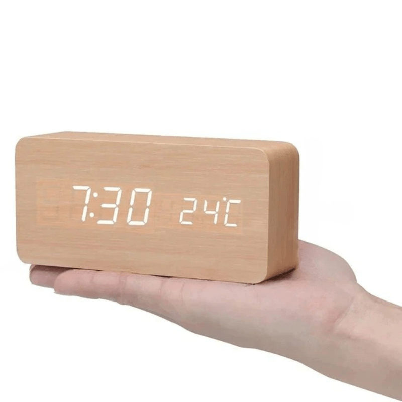 Sound-Activated Digital Alarm Clock with LED Display Wood Finish for Bedroom Office Nightstand Battery or USB Powered Adjustable Brightness