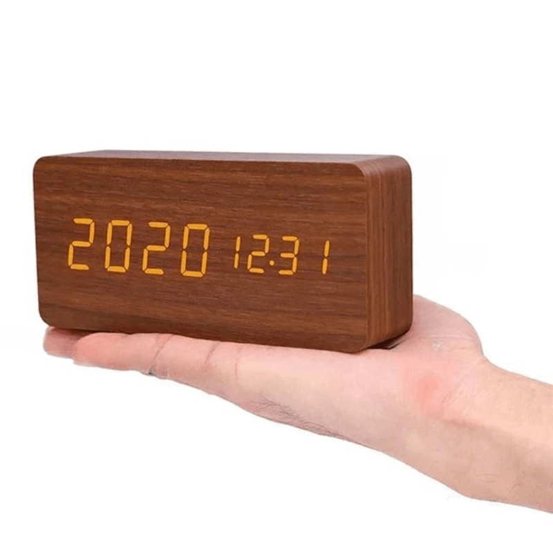 Sound-Activated Digital Alarm Clock with LED Display Wood Finish for Bedroom Office Nightstand Battery or USB Powered Adjustable Brightness