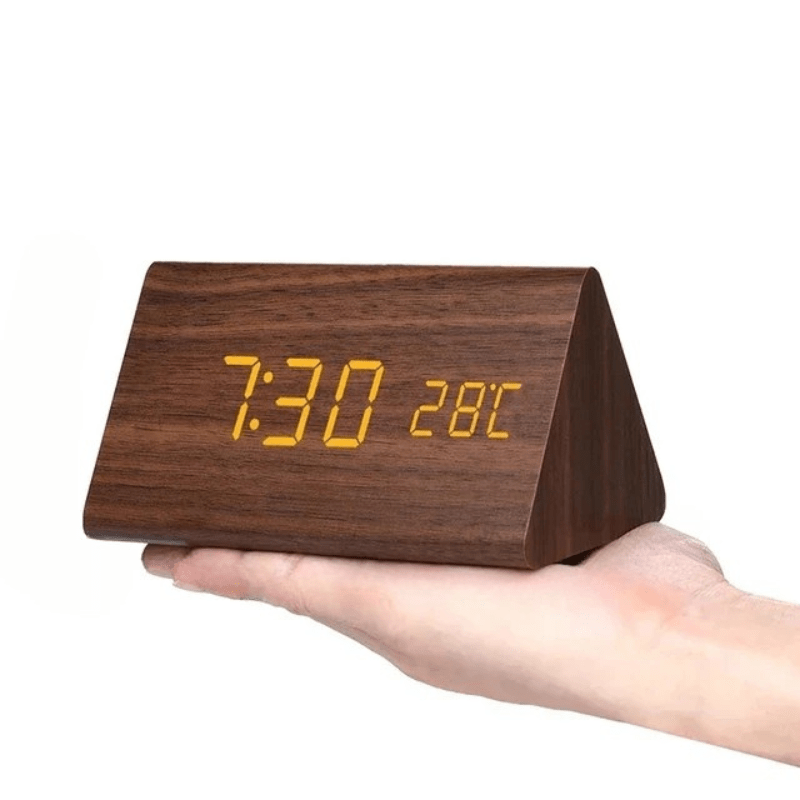 Sound-Activated Digital Alarm Clock with LED Display Wood Finish for Bedroom Office Nightstand Battery or USB Powered Adjustable Brightness