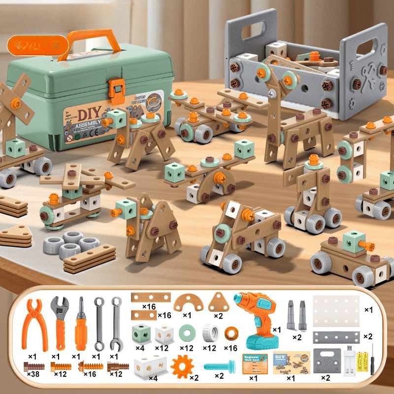 Kids Construction Toy Workshop with Realistic Power Tools 198-Piece STEM Building Set ABS Plastic Pretend Play Drill Screwdriver for Boys Gi