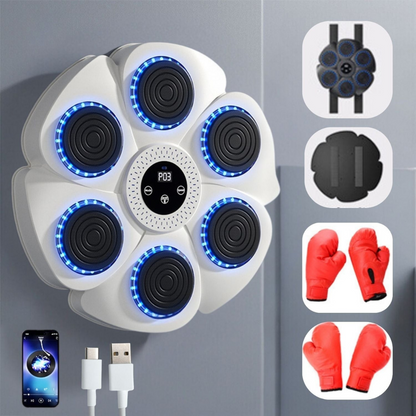 Interactive Boxing Trainer with Music & RGB Lights – Wall-Mount Reflex Pad for Home Workouts – USB Rechargeable Fitness Target with