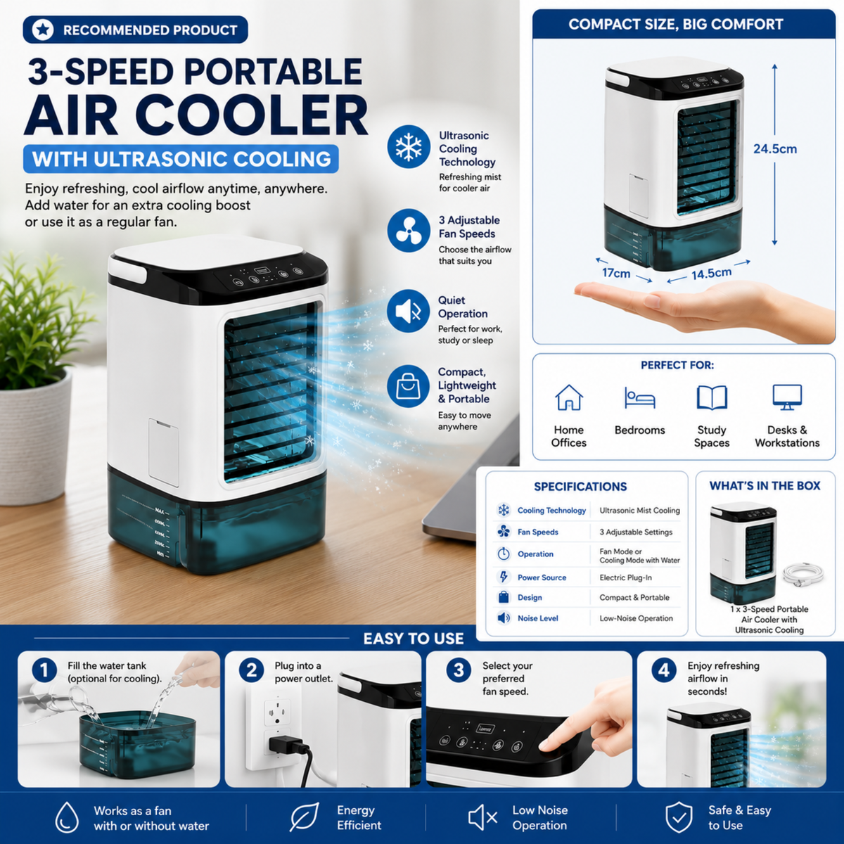 Personal Desktop Cooling Fan with Water Tank & 3 Speed Settings for Home Office, Bedroom & Small Spaces