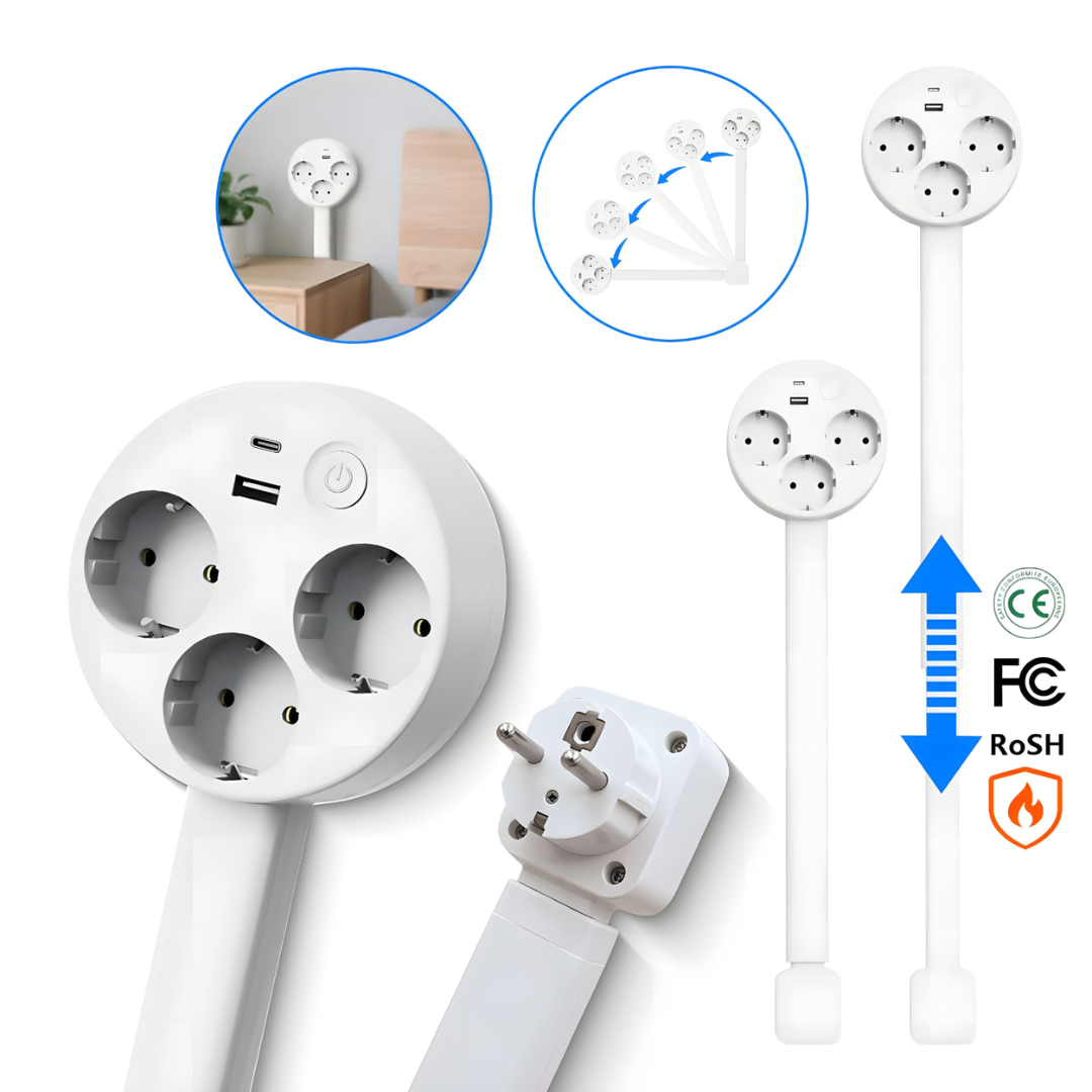 Telescoping Power Strip 19-26 Inch Adjustable with USB Charging Ports for Desk Nightstand Bedside 3 Outlets 2 USB 180° Swivel Head Vertical