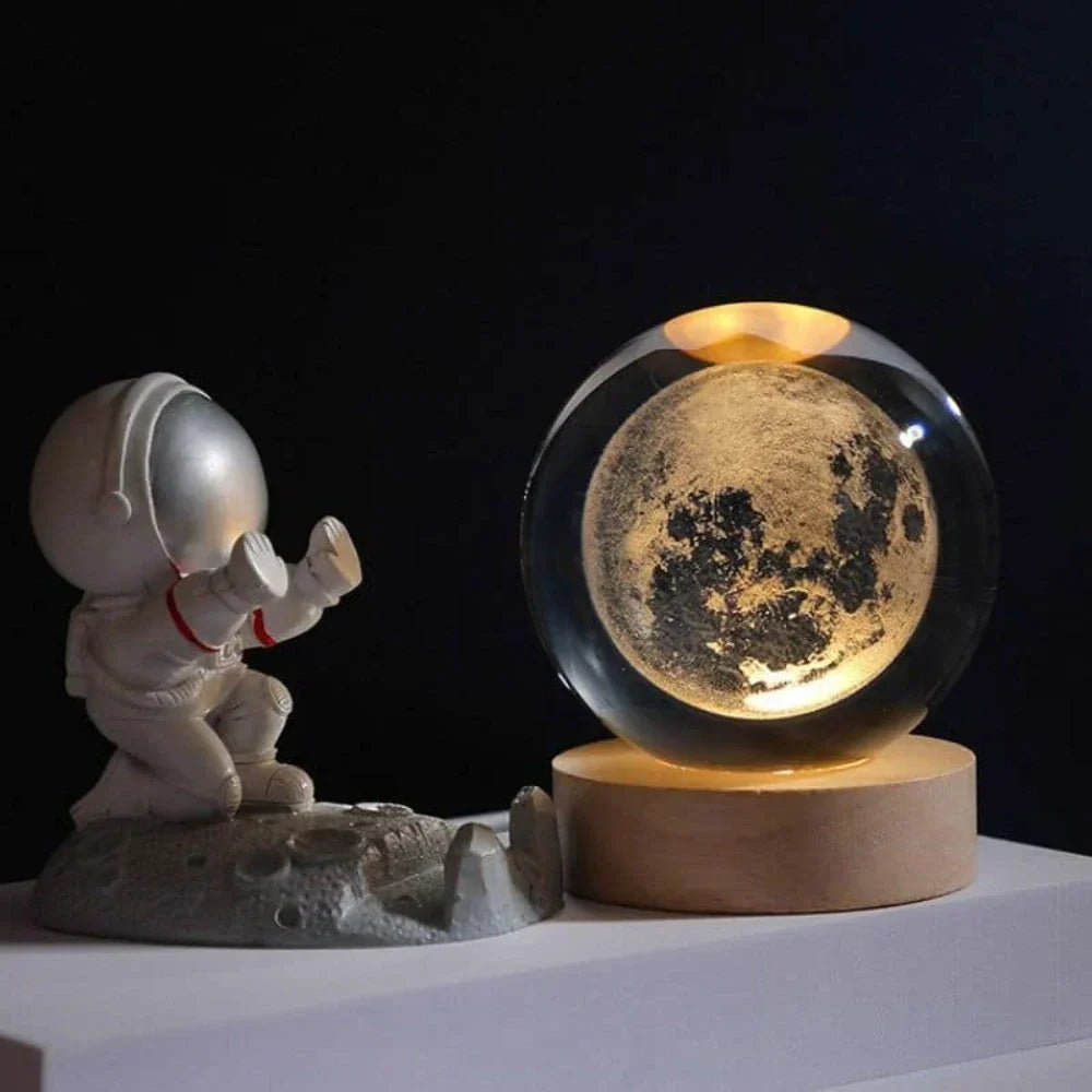 3D Engraved Crystal Planet Sphere Night Light on Wood Base USB Powered Desk Lamp Warm White LED Glow for Bedroom Living Room Nursery Space