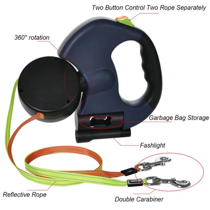 Dual Retractable Dog Leash with LED Flashlight & Waste Bag Holder for Two Dogs Up to 26 lb Each