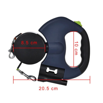 Dual Retractable Dog Leash with LED Flashlight & Waste Bag Holder for Two Dogs Up to 26 lb Each