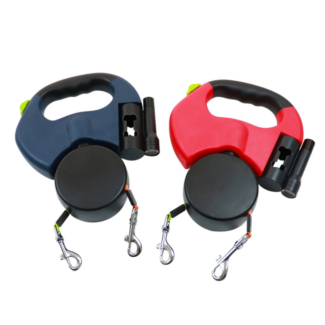 Dual Retractable Dog Leash with Built-In Flashlight & Waste Bag Holder for Two Dogs Walking