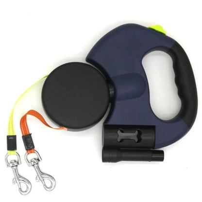 Dual Retractable Dog Leash with Built-In Flashlight & Waste Bag Holder for Two Dogs Walking