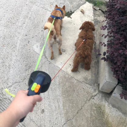 Dual Retractable Dog Leash with LED Flashlight & Waste Bag Holder for Two Dogs Up to 26 lb Each
