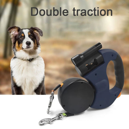 Dual Retractable Dog Leash with Built-In Flashlight & Waste Bag Holder for Two Dogs Walking