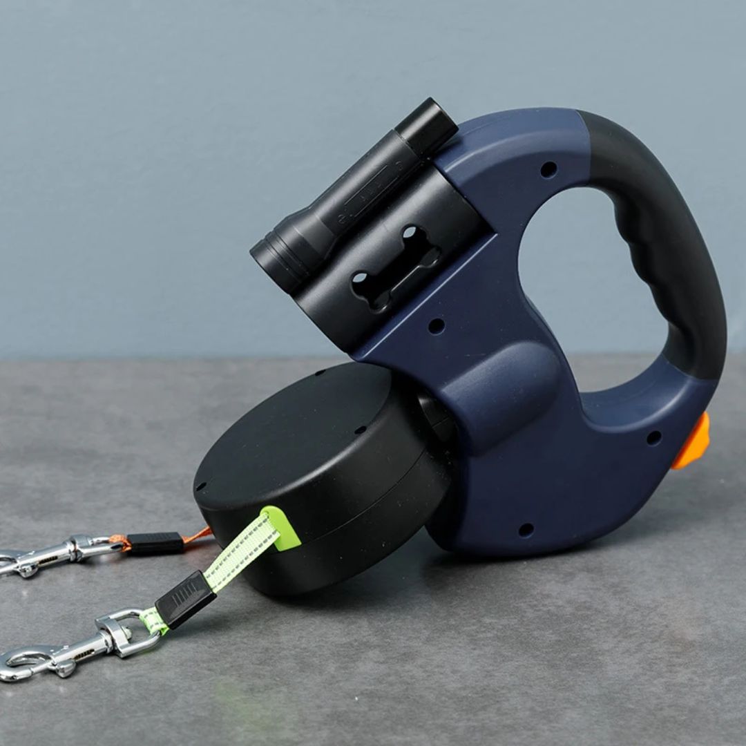 Dual Retractable Dog Leash with Built-In Flashlight & Waste Bag Holder for Two Dogs Walking