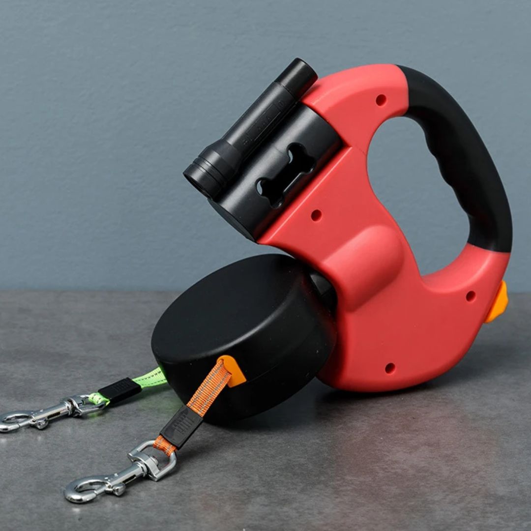 Dual Retractable Dog Leash with Built-In Flashlight & Waste Bag Holder for Two Dogs Walking