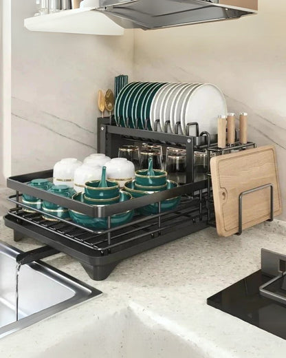 Carbon Steel Dish Drying Rack with 360° Rotating Drain Spout – Multi-Tier Kitchen Organizer for Countertop