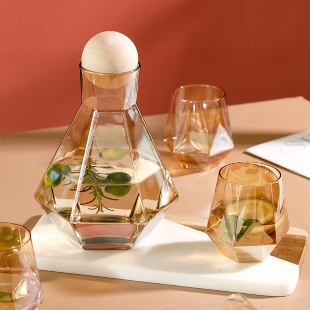 Crystal-Clear Beverage Pitcher & Tumbler Set with Geometric Faceted Design for Home Bar, Kitchen & Dining Room Entertaining