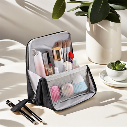 Travel Cosmetics Organizer Bag with Compartments Waterproof Nylon Padded Case for Brushes Palettes Skincare Women's Portable Storage Pouch