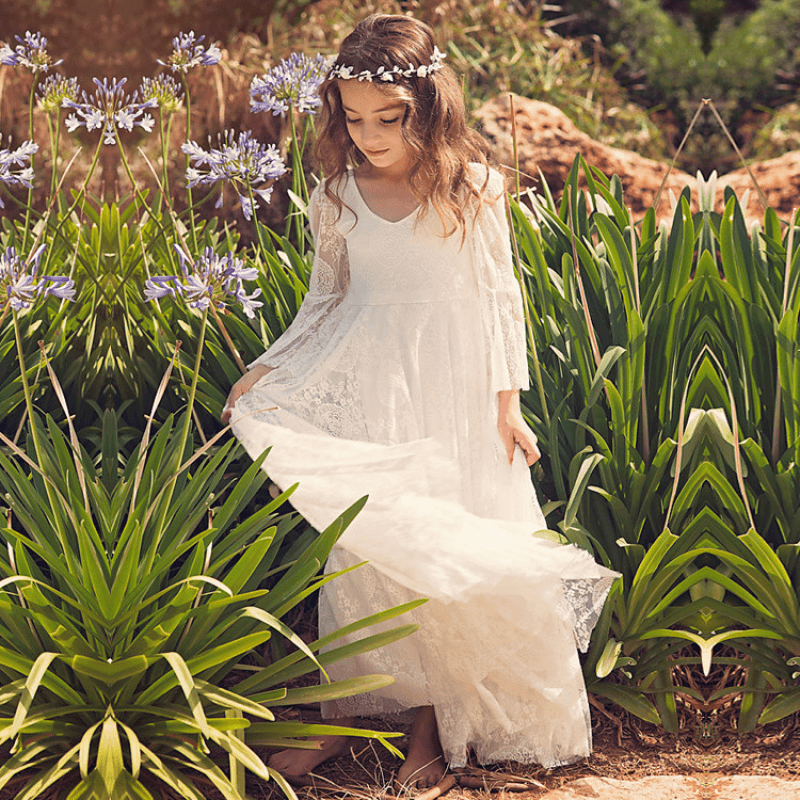 Girls First Communion Dress White Lace Bohemian Flower Girl Gown Soft Cotton Blend for Special Occasions Wedding Easter