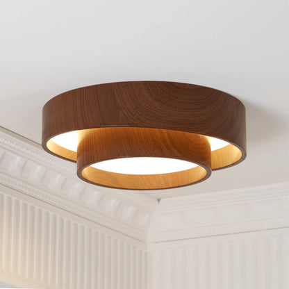 Round Flush Mount LED Ceiling Light Fixture Wood Grain Metal 16 in Diameter for Bedroom Living Room Kitchen Office Low Profile Modern Overhe