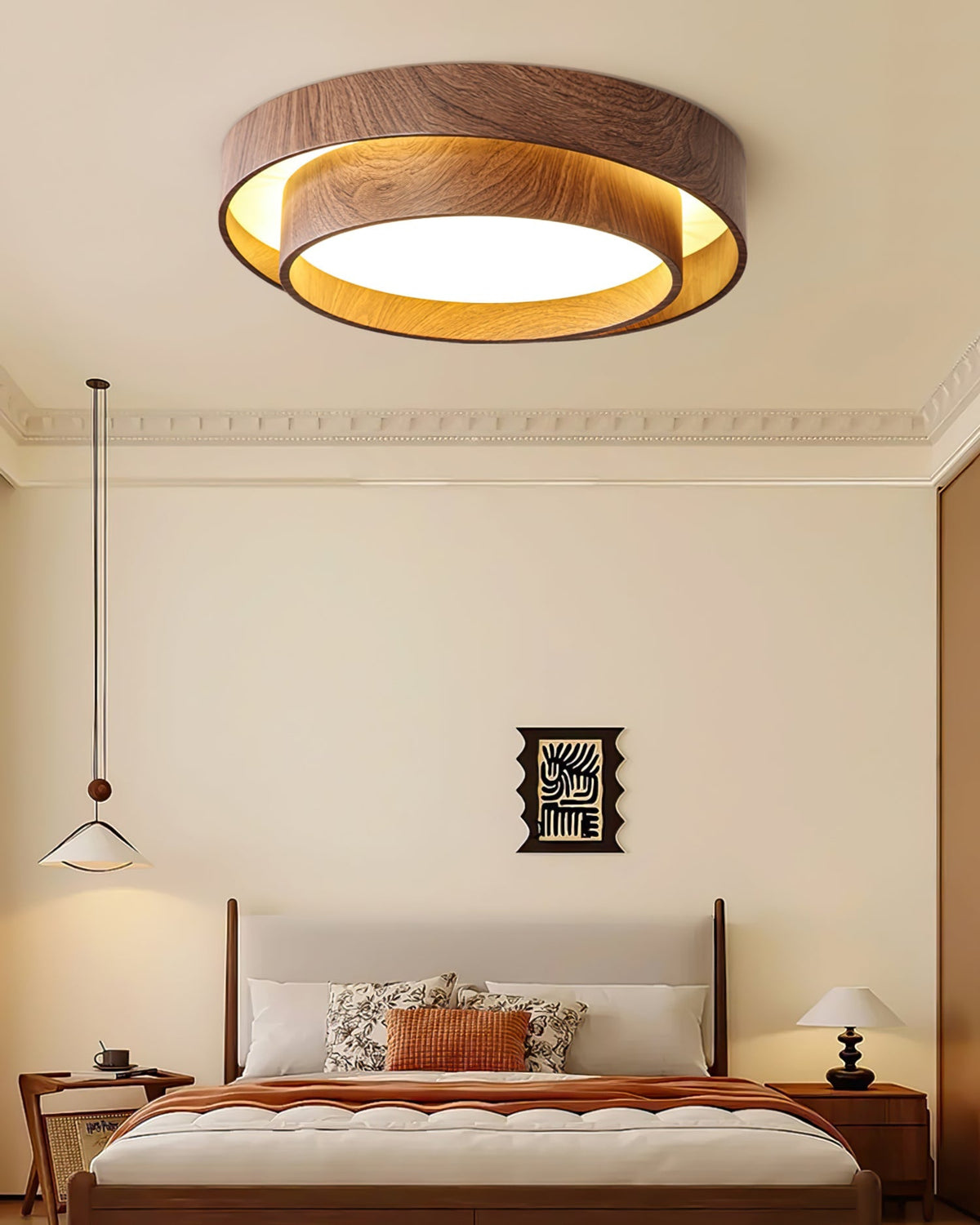 Round Flush Mount LED Ceiling Light Fixture Wood Grain Metal 16 in Diameter for Bedroom Living Room Kitchen Office Low Profile Modern Overhe