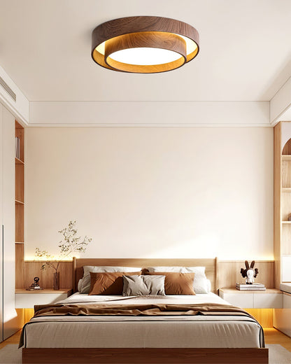 Round Flush Mount LED Ceiling Light Fixture Wood Grain Metal 16 in Diameter for Bedroom Living Room Kitchen Office Low Profile Modern Overhe