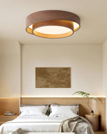 Round Flush Mount LED Ceiling Light Fixture Wood Grain Metal 16 in Diameter for Bedroom Living Room Kitchen Office Low Profile Modern Overhe