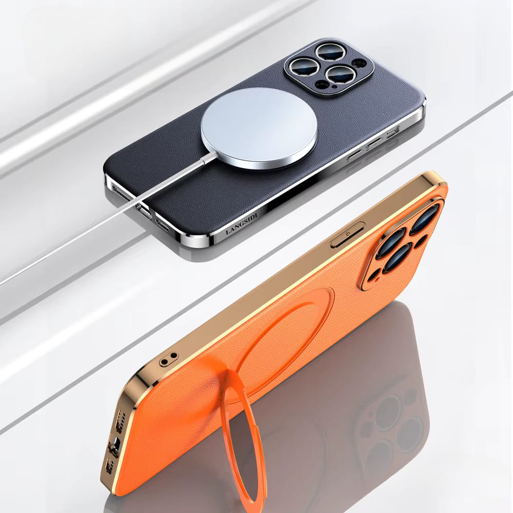 Leather MagSafe iPhone Case with 360° Rotating Ring Stand & Metallic Frame for iPhone 17, 16, 15, 14 Pro Max Plus Air