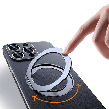 Leather MagSafe iPhone Case with 360° Rotating Ring Stand & Metallic Frame for iPhone 17, 16, 15, 14 Pro Max Plus Air