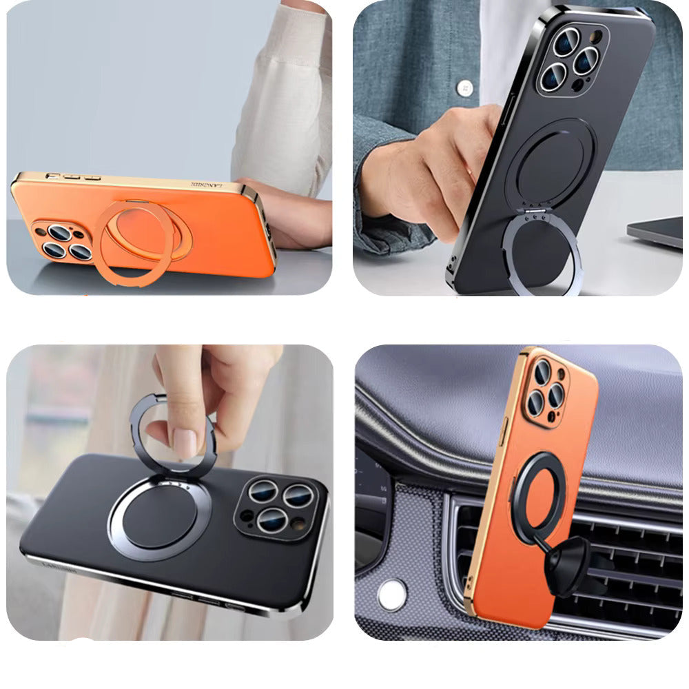 Leather MagSafe iPhone Case with 360° Rotating Ring Stand & Metallic Frame for iPhone 17, 16, 15, 14 Pro Max Plus Air