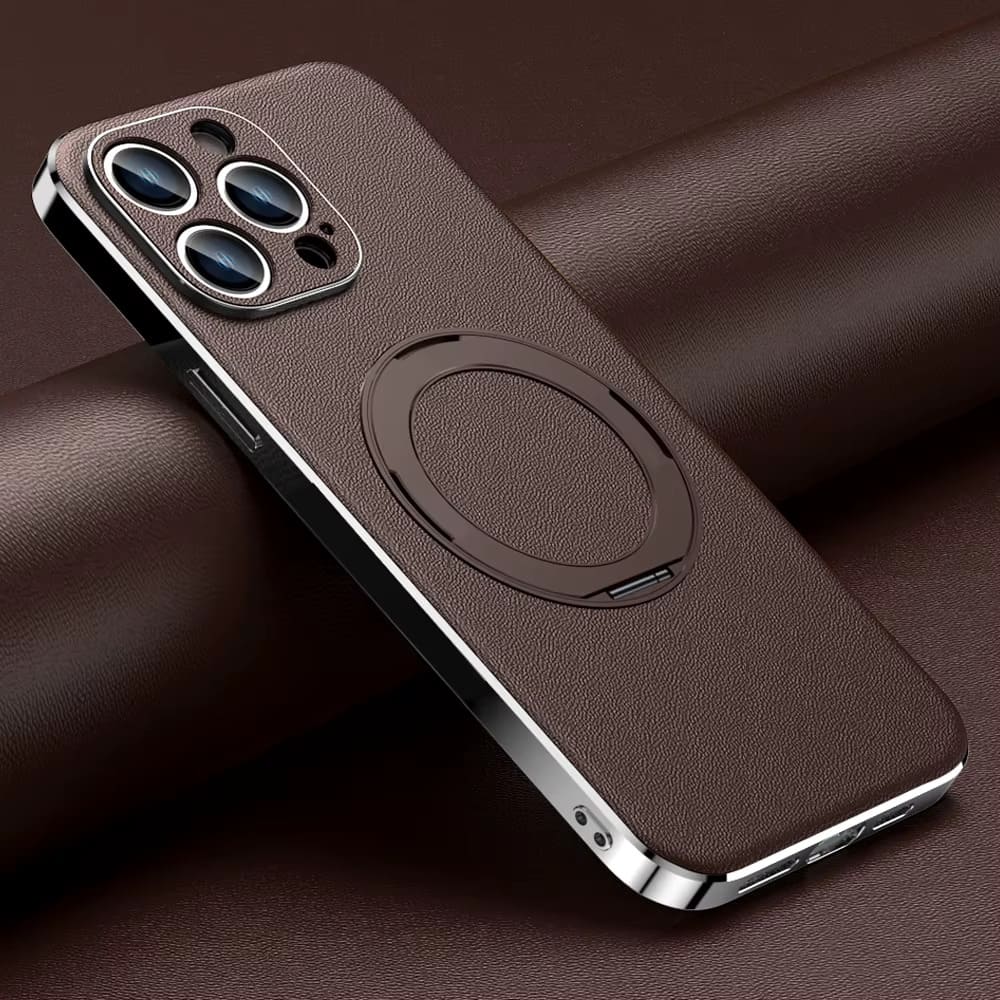 Leather MagSafe iPhone Case with 360° Rotating Ring Stand & Metallic Frame for iPhone 17, 16, 15, 14 Pro Max Plus Air