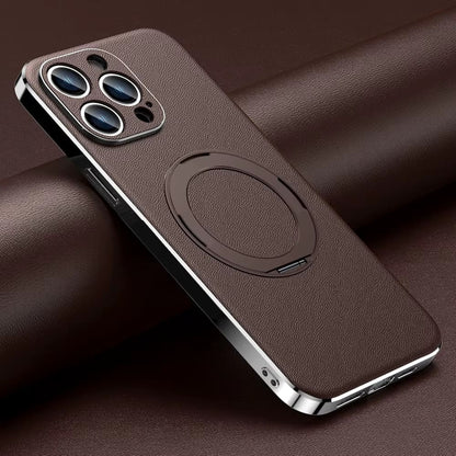 Leather MagSafe iPhone Case with 360° Rotating Ring Stand & Metallic Frame for iPhone 17, 16, 15, 14 Pro Max Plus Air