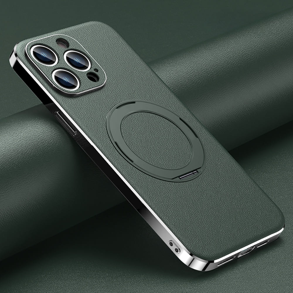 Leather MagSafe iPhone Case with 360° Rotating Ring Stand & Metallic Frame for iPhone 17, 16, 15, 14 Pro Max Plus Air