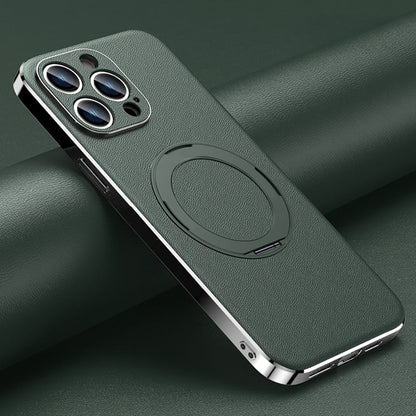 Leather MagSafe iPhone Case with 360° Rotating Ring Stand & Metallic Frame for iPhone 17, 16, 15, 14 Pro Max Plus Air