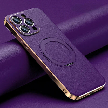 Leather MagSafe iPhone Case with 360° Rotating Ring Stand & Metallic Frame for iPhone 17, 16, 15, 14 Pro Max Plus Air
