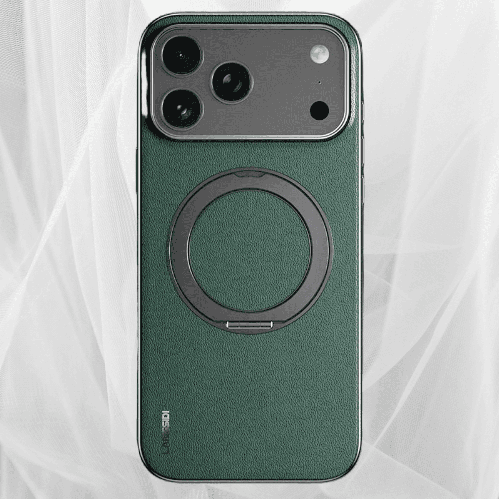 Leather MagSafe iPhone Case with 360° Rotating Ring Stand & Metallic Frame for iPhone 17, 16, 15, 14 Pro Max Plus Air