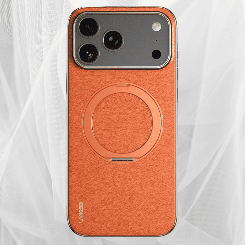 Leather MagSafe iPhone Case with 360° Rotating Ring Stand & Metallic Frame for iPhone 17, 16, 15, 14 Pro Max Plus Air