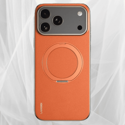 Leather MagSafe iPhone Case with 360° Rotating Ring Stand & Metallic Frame for iPhone 17, 16, 15, 14 Pro Max Plus Air