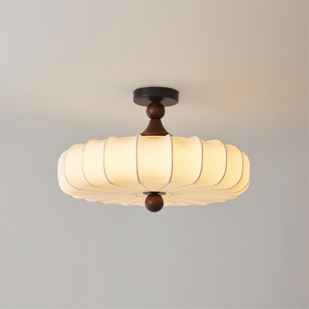 Flush Mount Wood Ceiling Light with Scalloped Fabric Shade 18×12 in LED Fixture for Dining Room Bedroom Entryway Black Walnut Finish Modern
