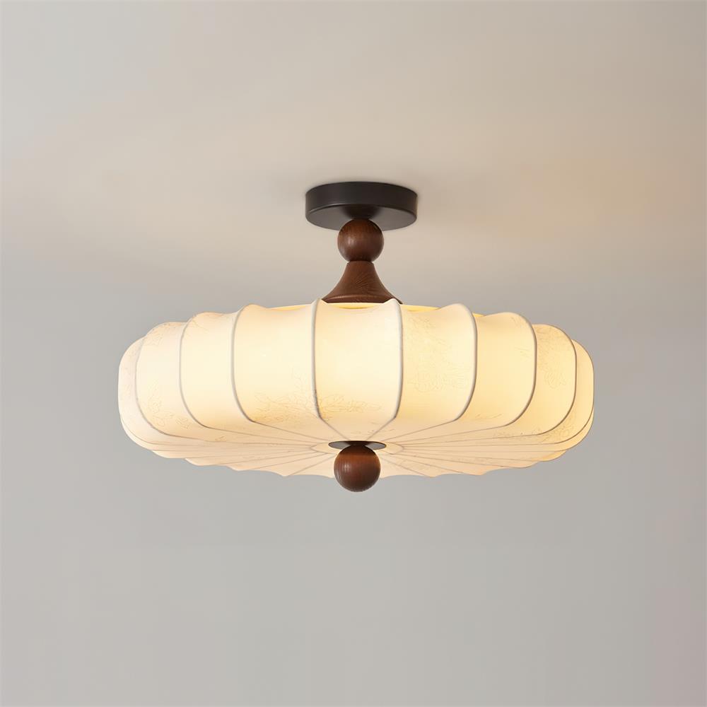 Flush Mount Wood Ceiling Light with Scalloped Fabric Shade 18×12 in LED Fixture for Dining Room Bedroom Entryway Black Walnut Finish Modern