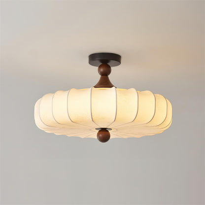 Flush Mount Wood Ceiling Light with Scalloped Fabric Shade 18×12 in LED Fixture for Dining Room Bedroom Entryway Black Walnut Finish Modern