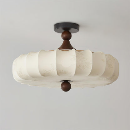 Flush Mount Wood Ceiling Light with Scalloped Fabric Shade 18×12 in LED Fixture for Dining Room Bedroom Entryway Black Walnut Finish Modern