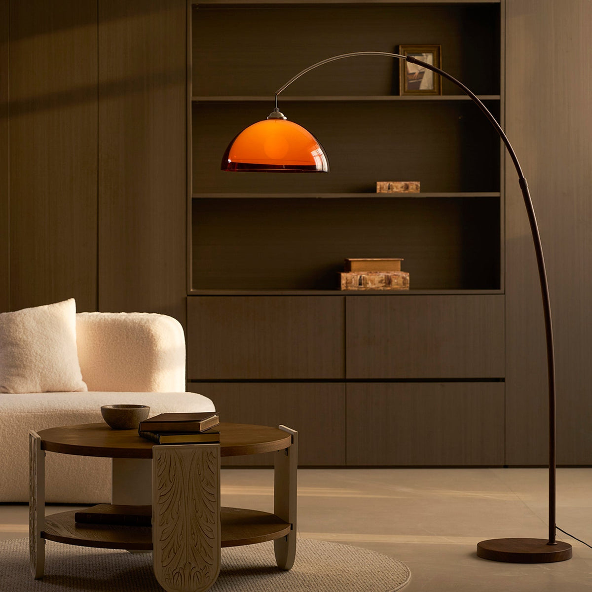 Arc Floor Lamp 65 Inch Adjustable Height Metal Amber Dome Shade Reading Light Over Couch Corner Seating Mid-Century Modern E26 Base Foot Swi