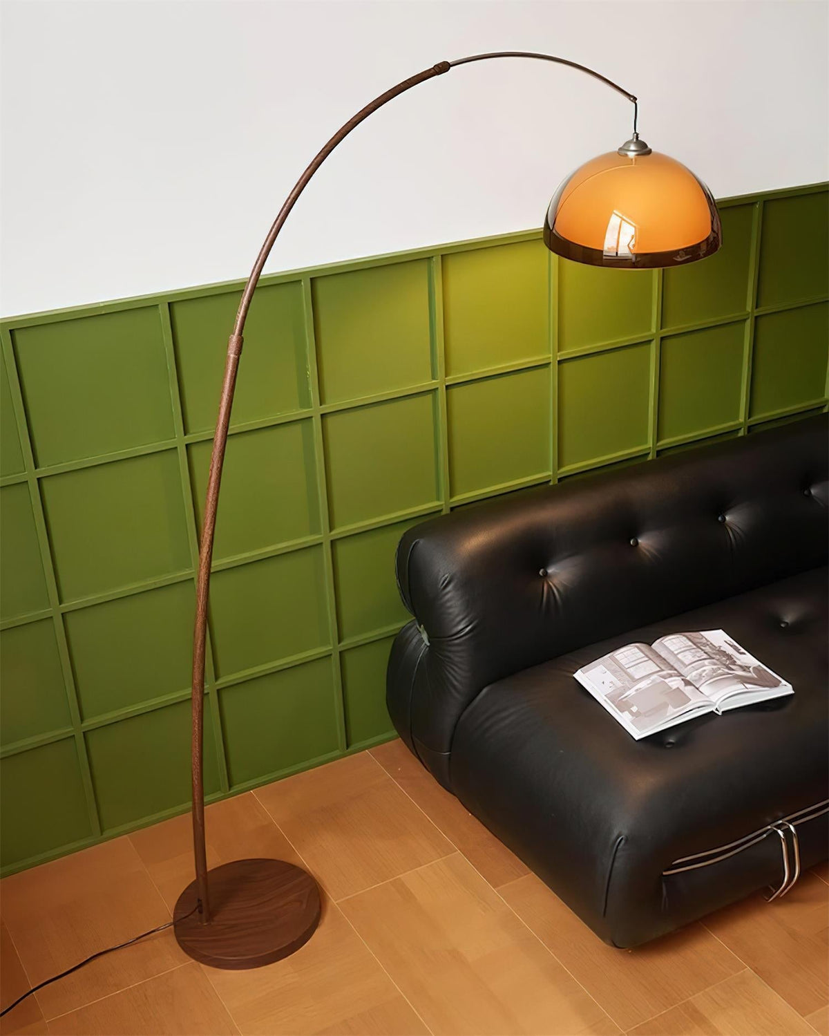 Arc Floor Lamp 65 Inch Adjustable Height Metal Amber Dome Shade Reading Light Over Couch Corner Seating Mid-Century Modern E26 Base Foot Swi