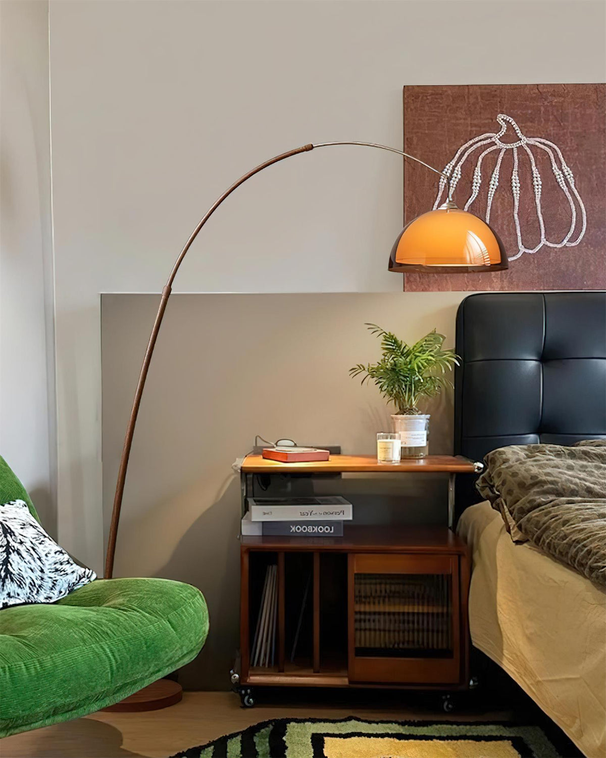 Arc Floor Lamp 65 Inch Adjustable Height Metal Amber Dome Shade Reading Light Over Couch Corner Seating Mid-Century Modern E26 Base Foot Swi