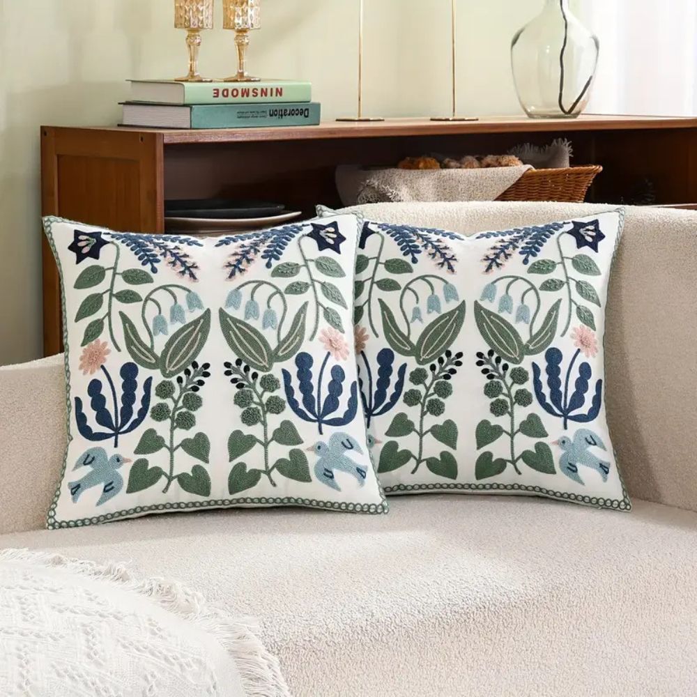 Verden Botanical Cushion Cover - Embroidered Microfiber 18x18 Inches